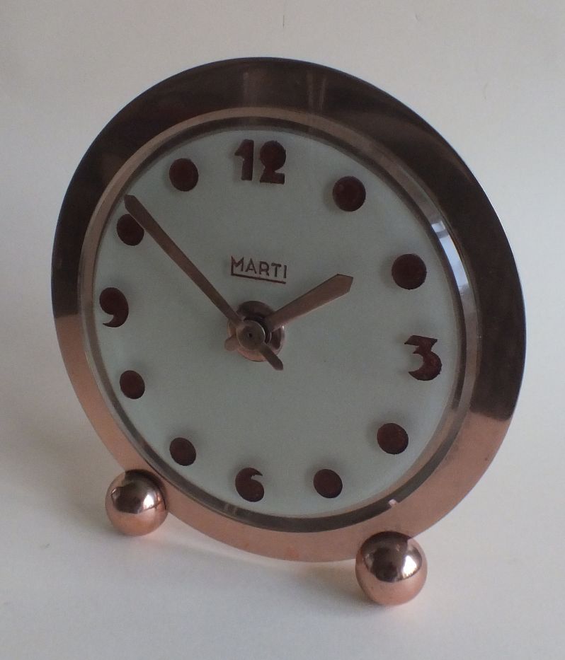 FRENCH ART DECO STREAMLINE MARTI 8 DAY CLOCK ETCHED GLASS DIAL COPPER
