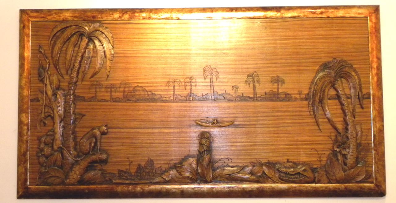 Tropical Art Deco Jungle Scene Carved Panel on Zebra Wood