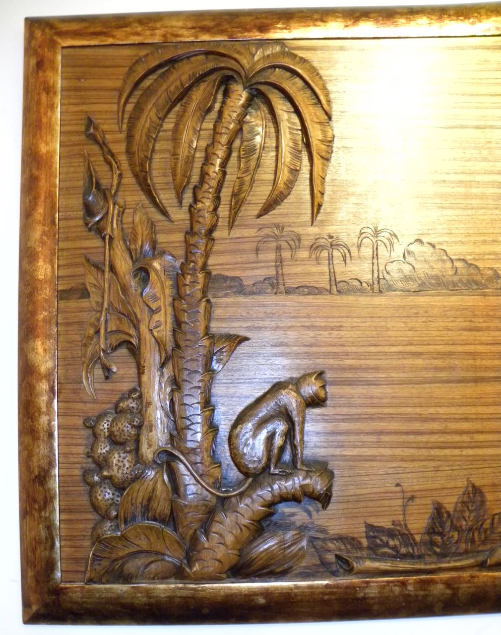Tropical Art Deco Jungle Scene Carved Panel on Zebra Wood Statues