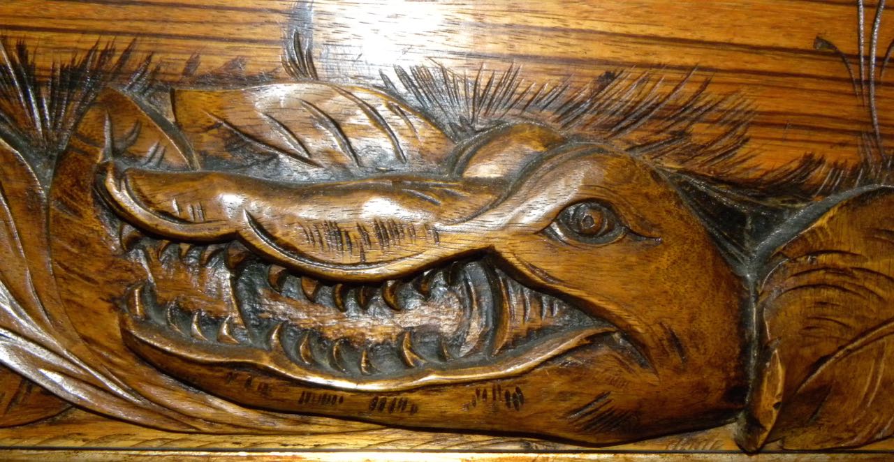 Tropical Art Deco Jungle Scene Carved Panel on Zebra Wood