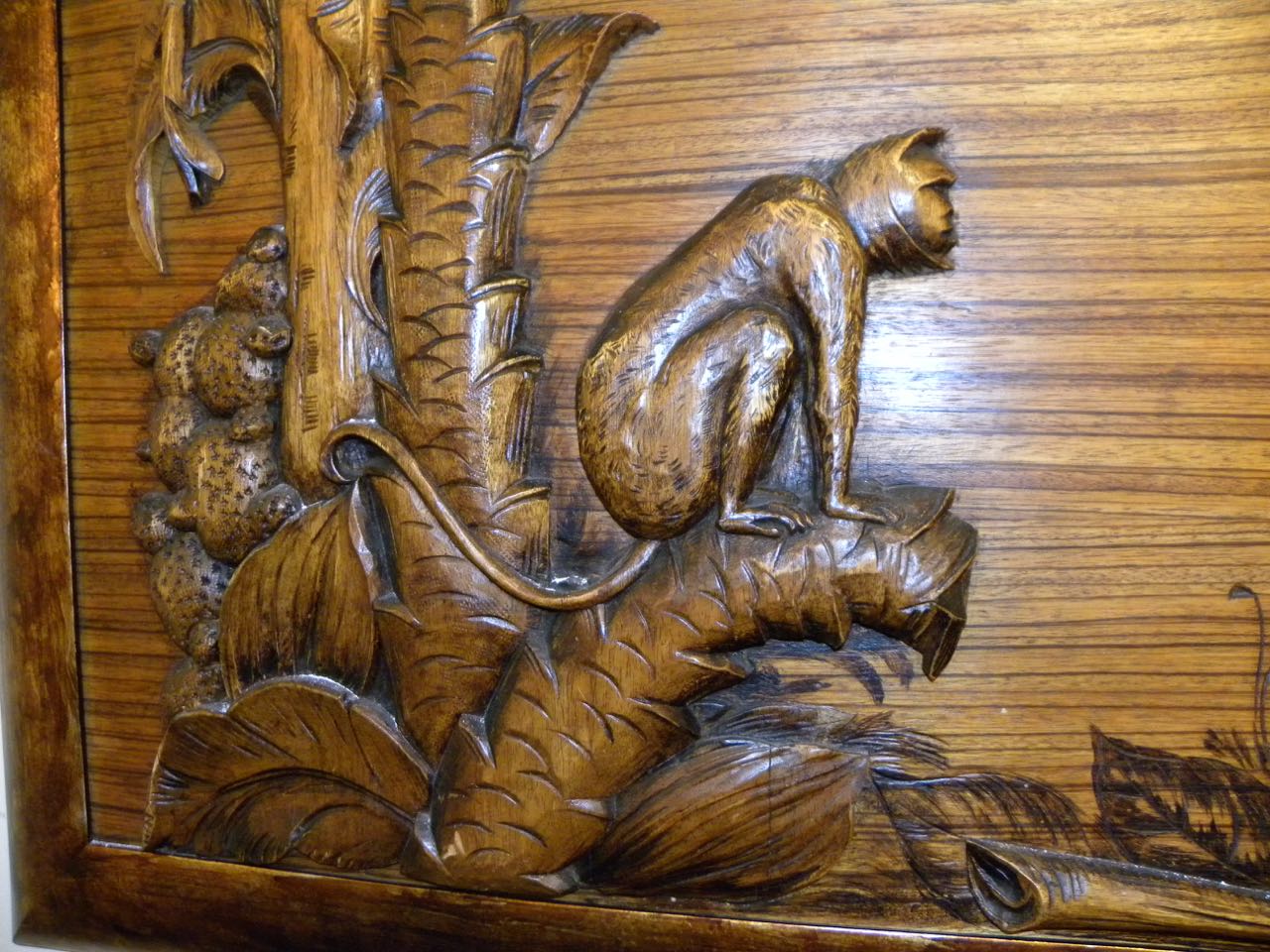 Tropical Art Deco Jungle Scene Carved Panel on Zebra Wood Sold Items
