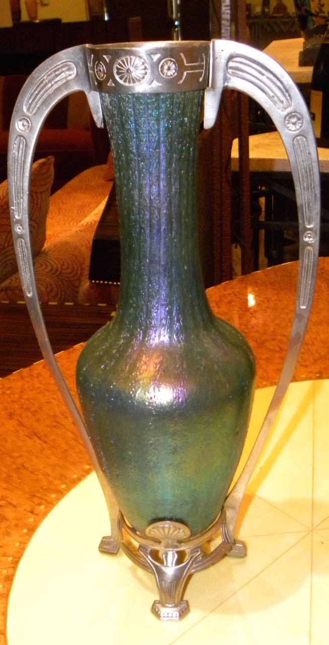 Art Nouveau Loetz Glass Vase with Metalwork Glass Art Deco Collection