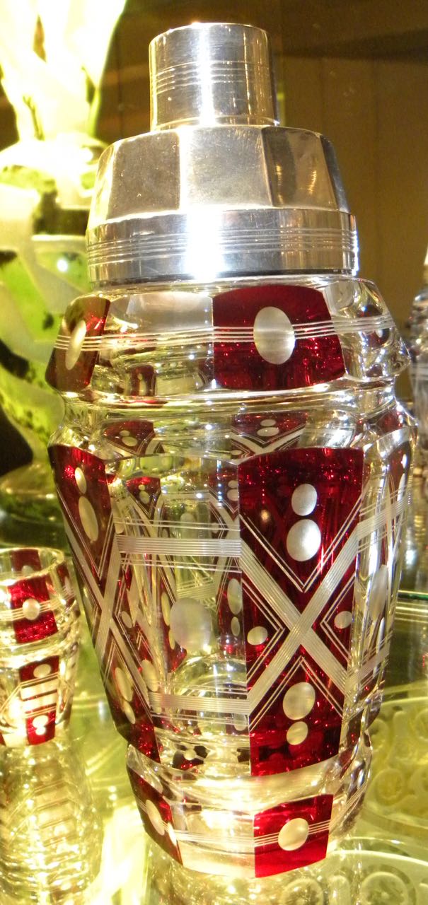 Art Deco Cut Crystal Sterling Martini Shaker and glasses Cocktail