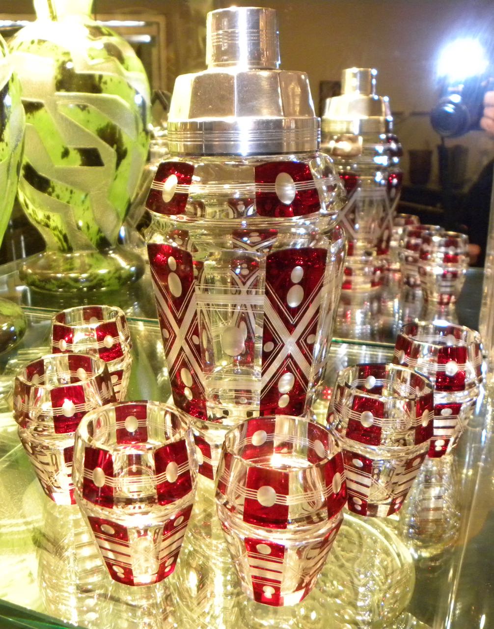 Art Deco Cut Crystal Sterling Martini Shaker and glasses Cocktail