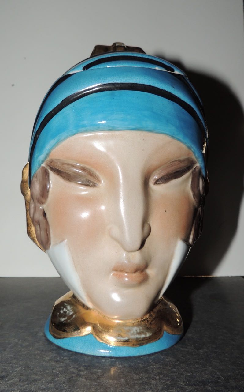 French Double Head Art Deco ROBJ Paris signed Ceramic Jar Bonbonniere 1930
