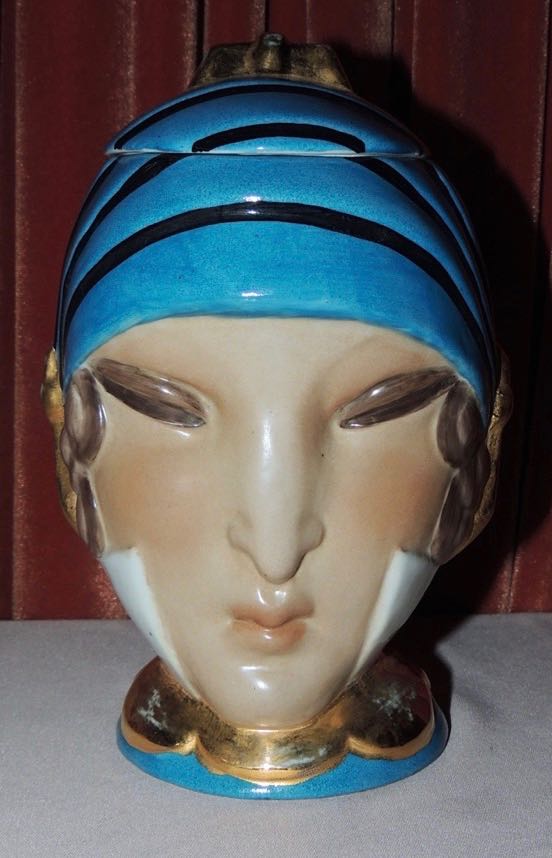 French Double Head Art Deco ROBJ Paris signed Ceramic Jar Bonbonniere 1930