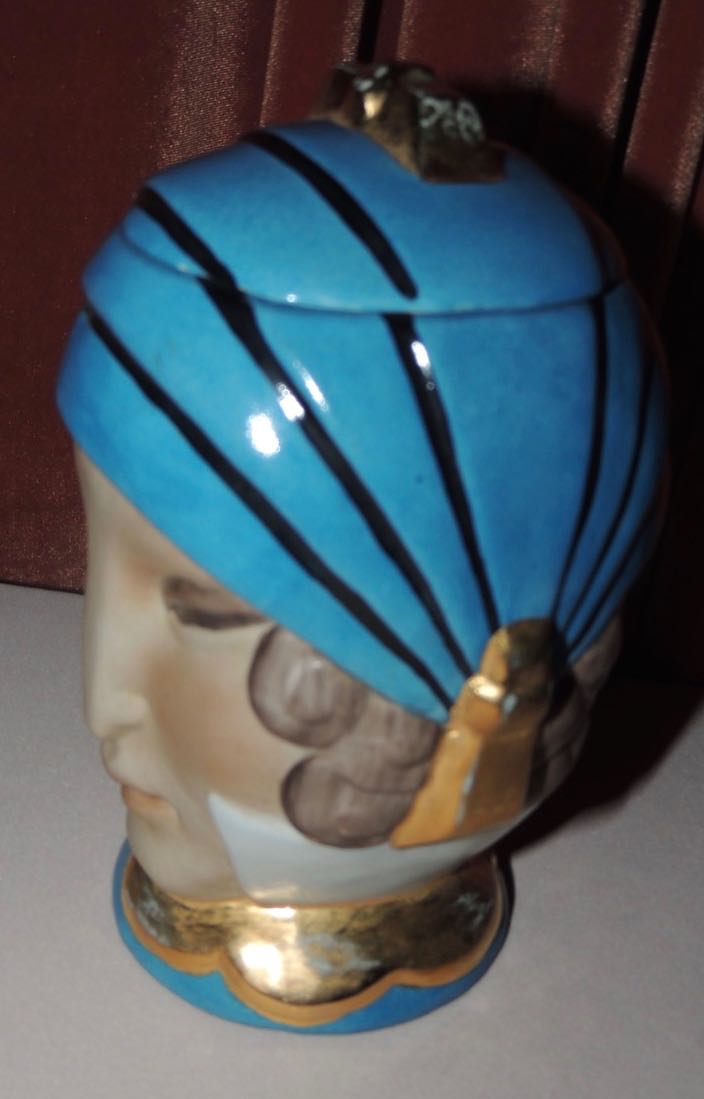 French Double Head Art Deco ROBJ Paris signed Ceramic Jar Bonbonniere 1930