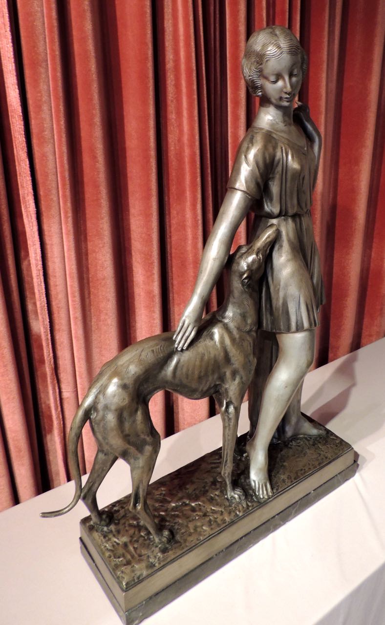 Grand Art Deco Sculpture of a Woman and Greyhound by I. Gallo Statues