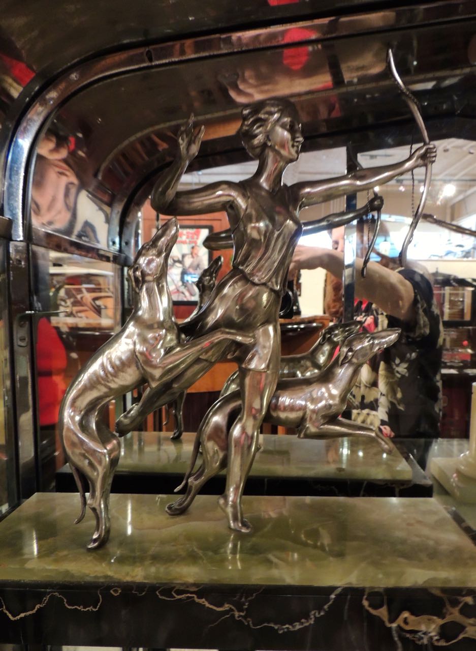 Art Deco Statue of Diana and Two Dogs in Silver Statues Art Deco