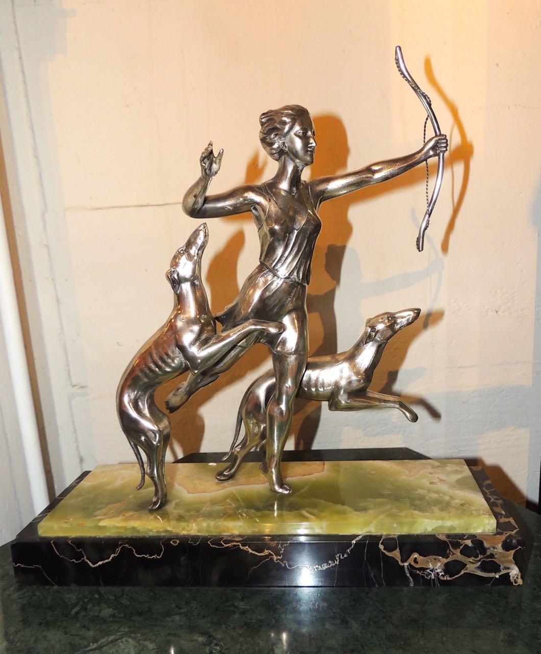 Art Deco Statue of Diana and Two Dogs in Silver Statues Art Deco