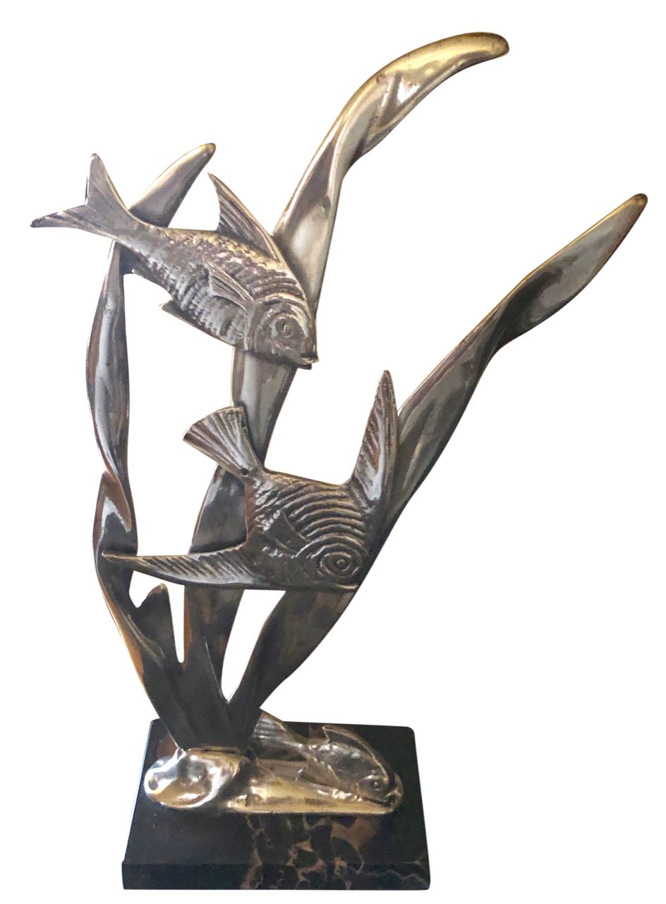 Art Deco Bronze Angel Fish Statue Marble Base Sold Items Statues