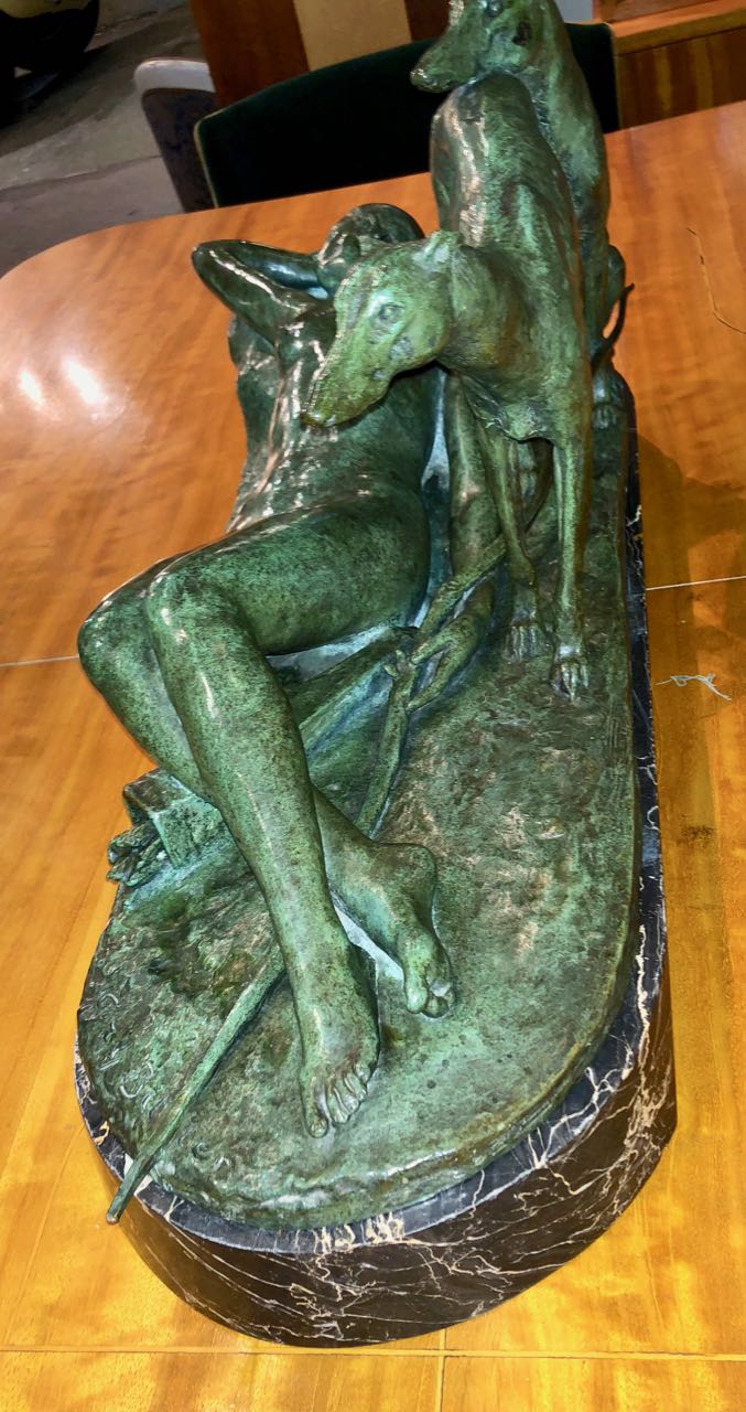 Ary Bitter Reclining Diana with 2 Greyhounds Bronze Art Deco Sculpture Statues Art Deco