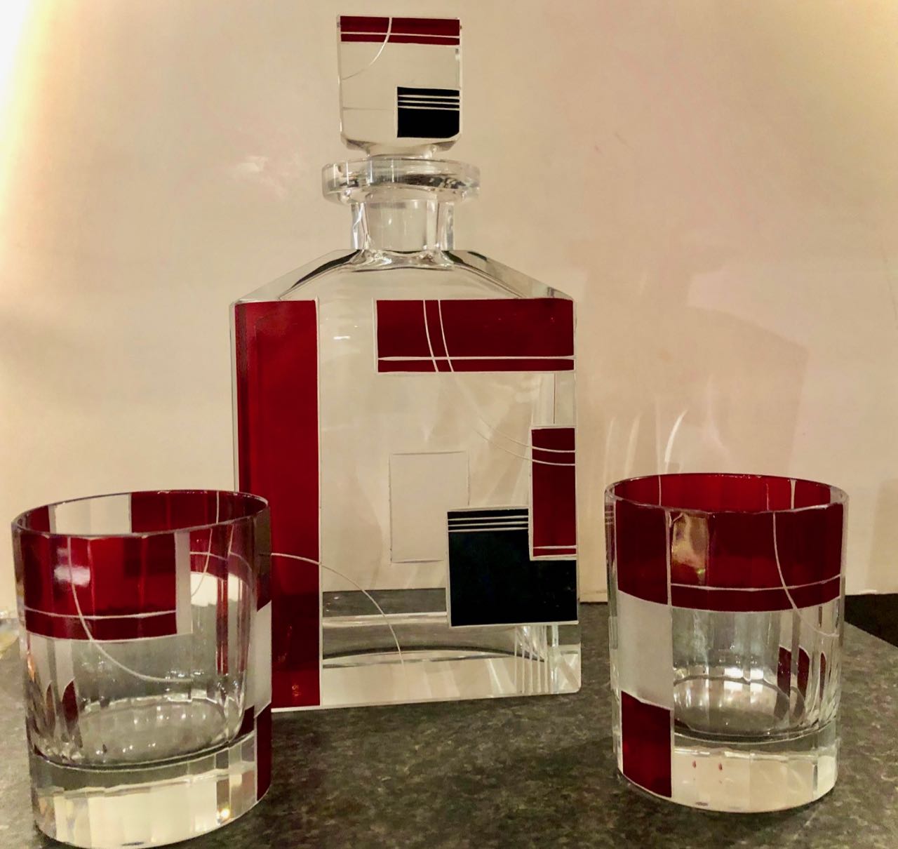Art Deco Whiskey Set in Red and Black with High Ball Glasses Decanter