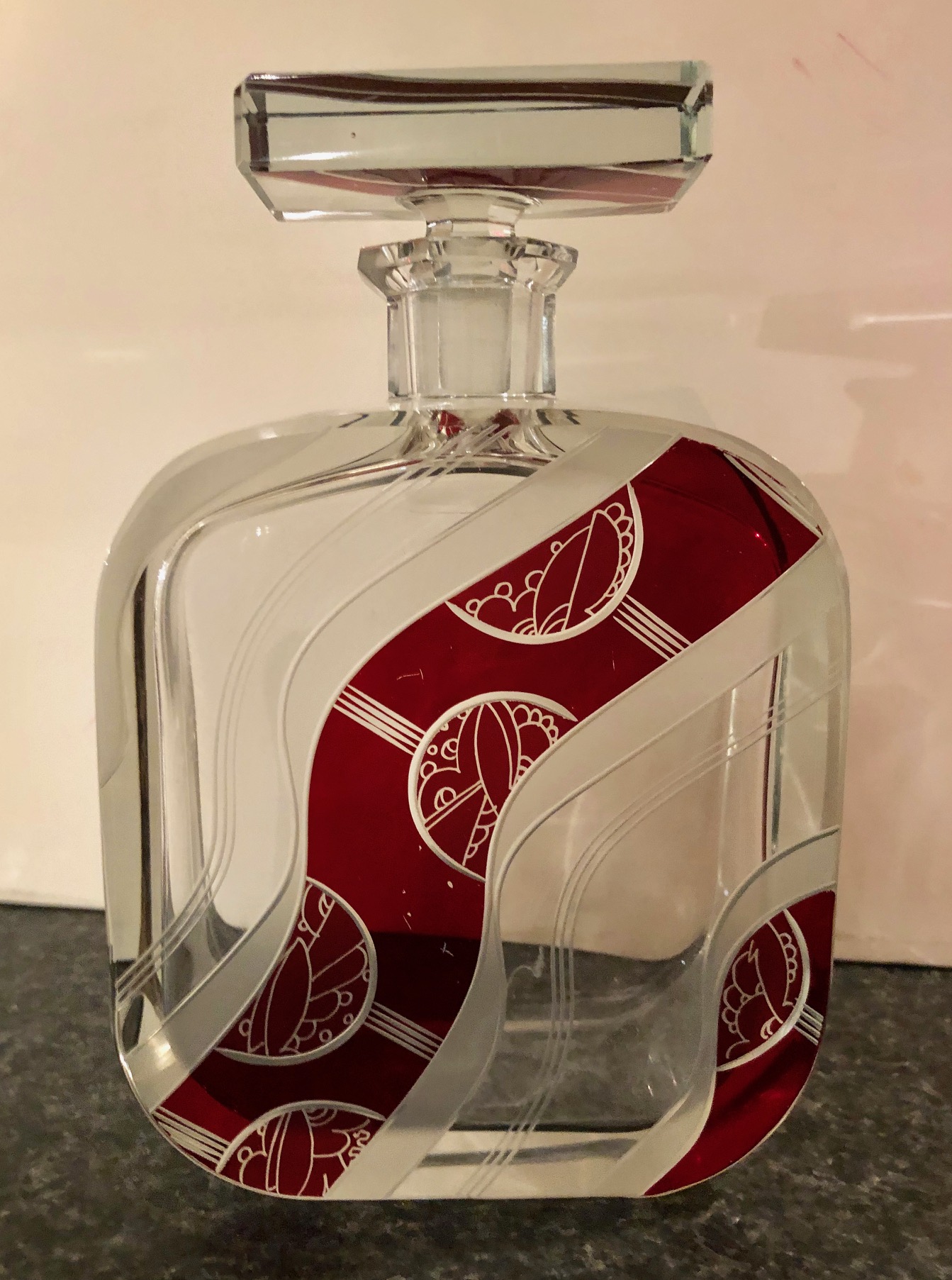 Art Deco Decanter Set in Red and Clear Czech Crystal Just Added Art