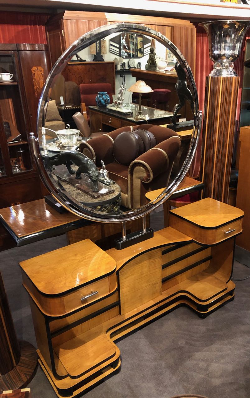 Art Deco Modernist Vanity with Mirror and Stool TwoTone Wood Bedroom