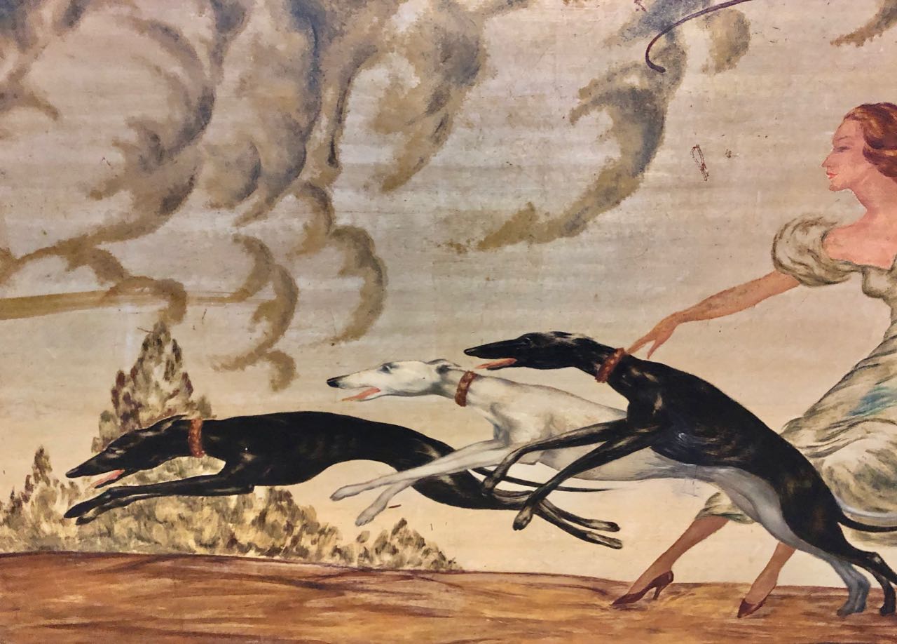 Art Deco Painting Woman and 3 Greyhounds by Yves Paintings Art Deco