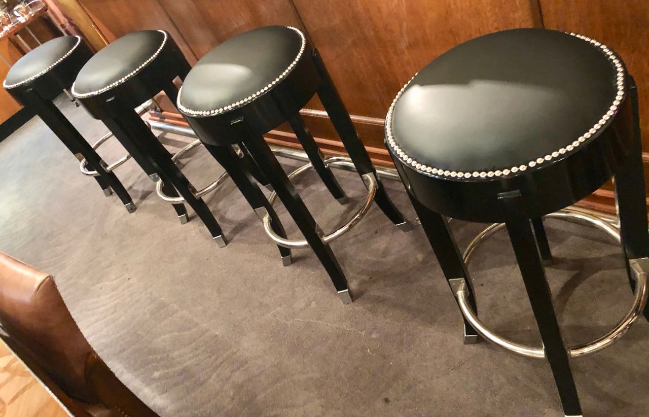 French Art Deco Style Bar Stools Custom Chrome and Black Ruhlmann Style