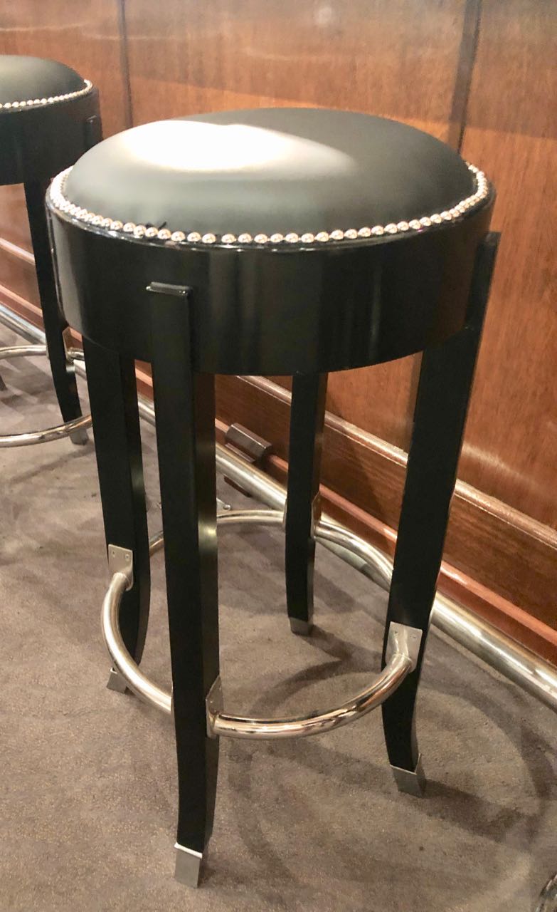 French Art Deco Style Bar Stools Custom Chrome and Black Ruhlmann Style