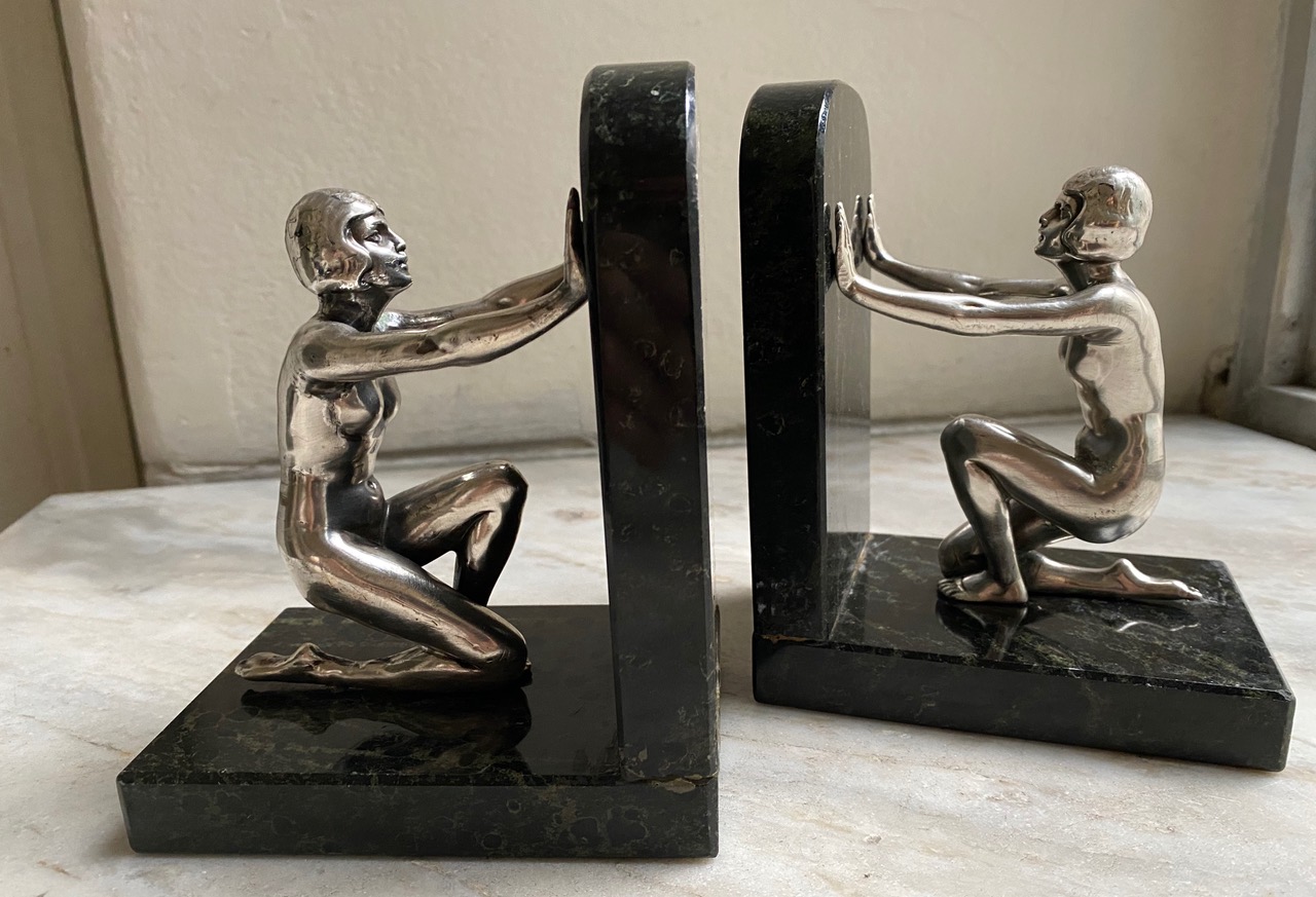 Art Deco Women in Silver on Marble Bookends Bookends Art Deco