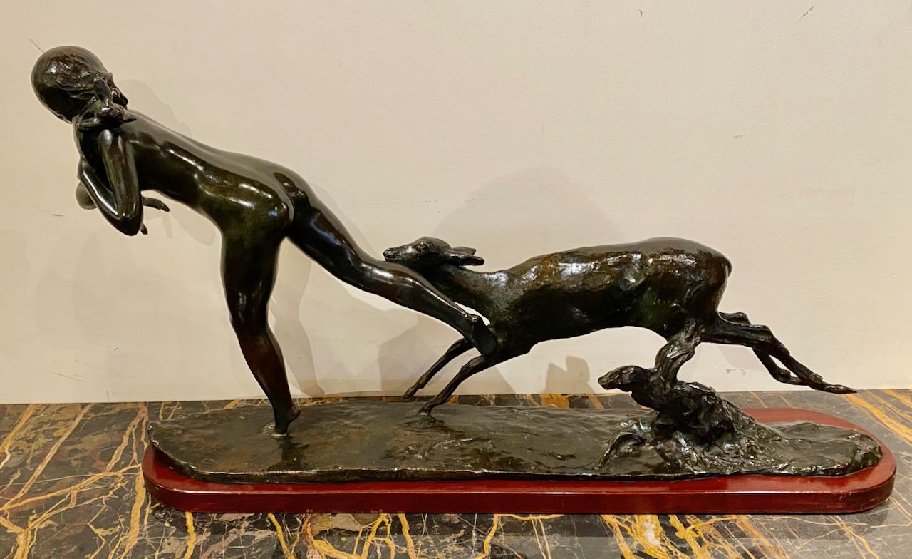 Ary Bitter Bronze Art Deco Sculpture Woman Running with Lambs Statues