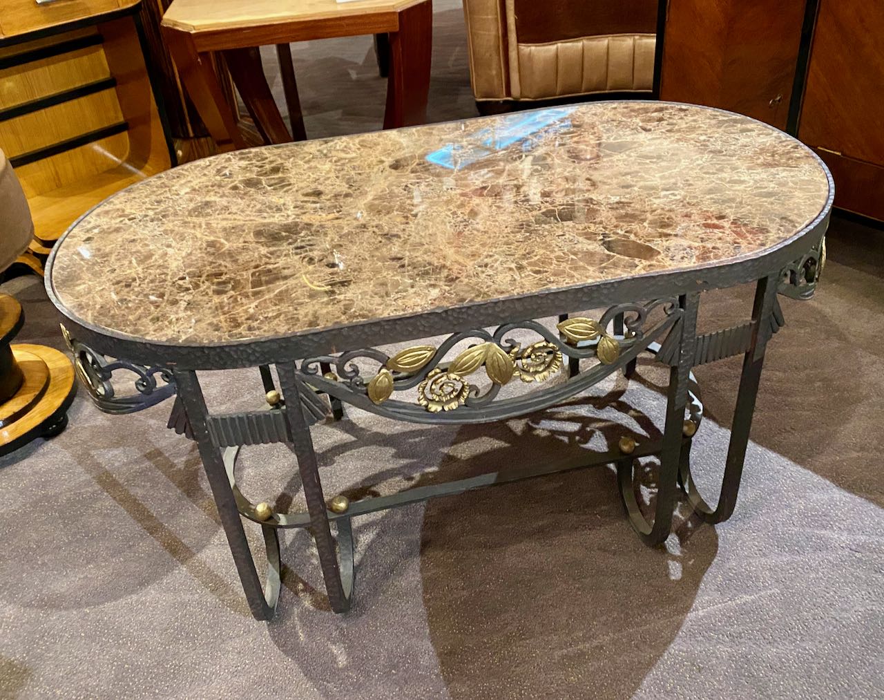 Hand Iron Oval Custom Art Deco Coffee Table with Marble Top