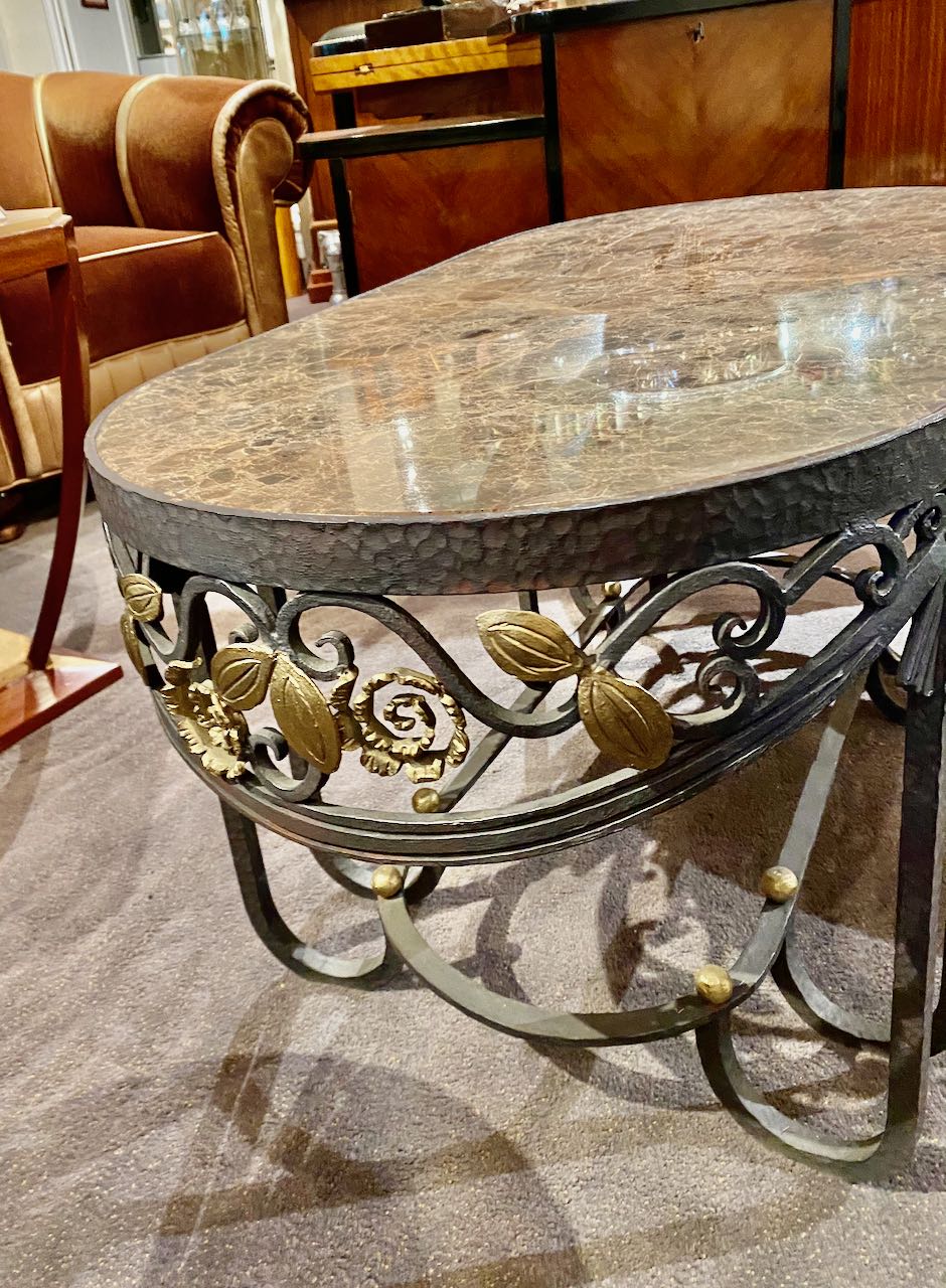 Hand Iron Oval Custom Art Deco Coffee Table with Marble Top