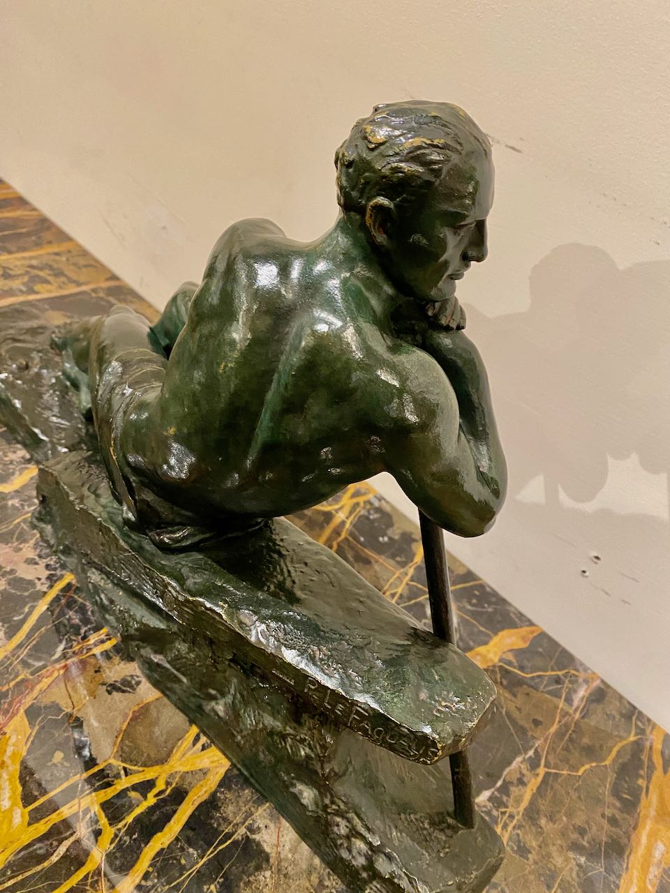 Pierre le Faguays French Sculptor Bronze Male Figure with Pole