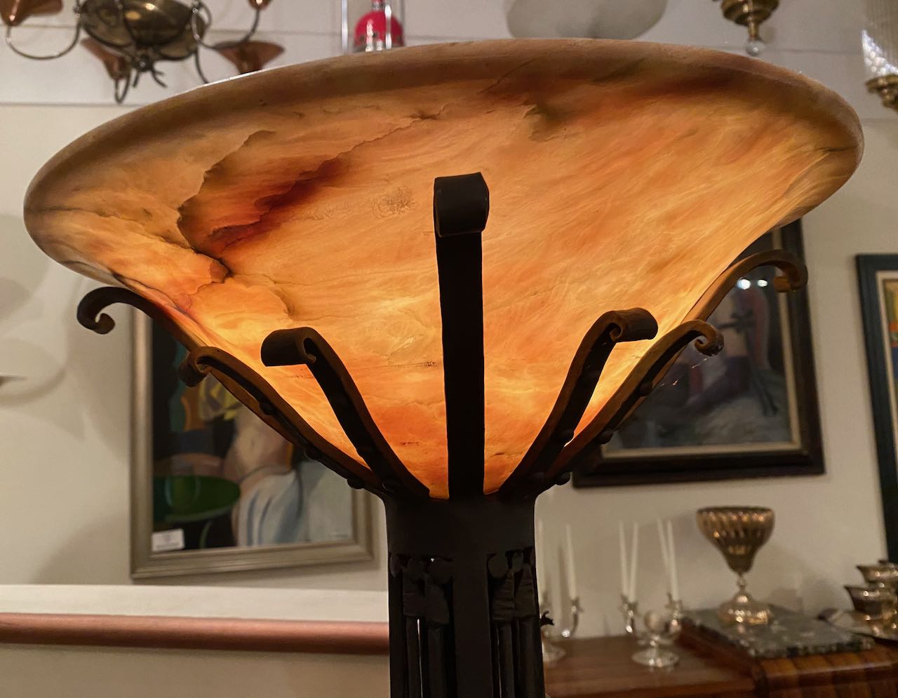 French Art Deco Custom Floor Lamp Iron & Alabaster Torchiere Ironwork