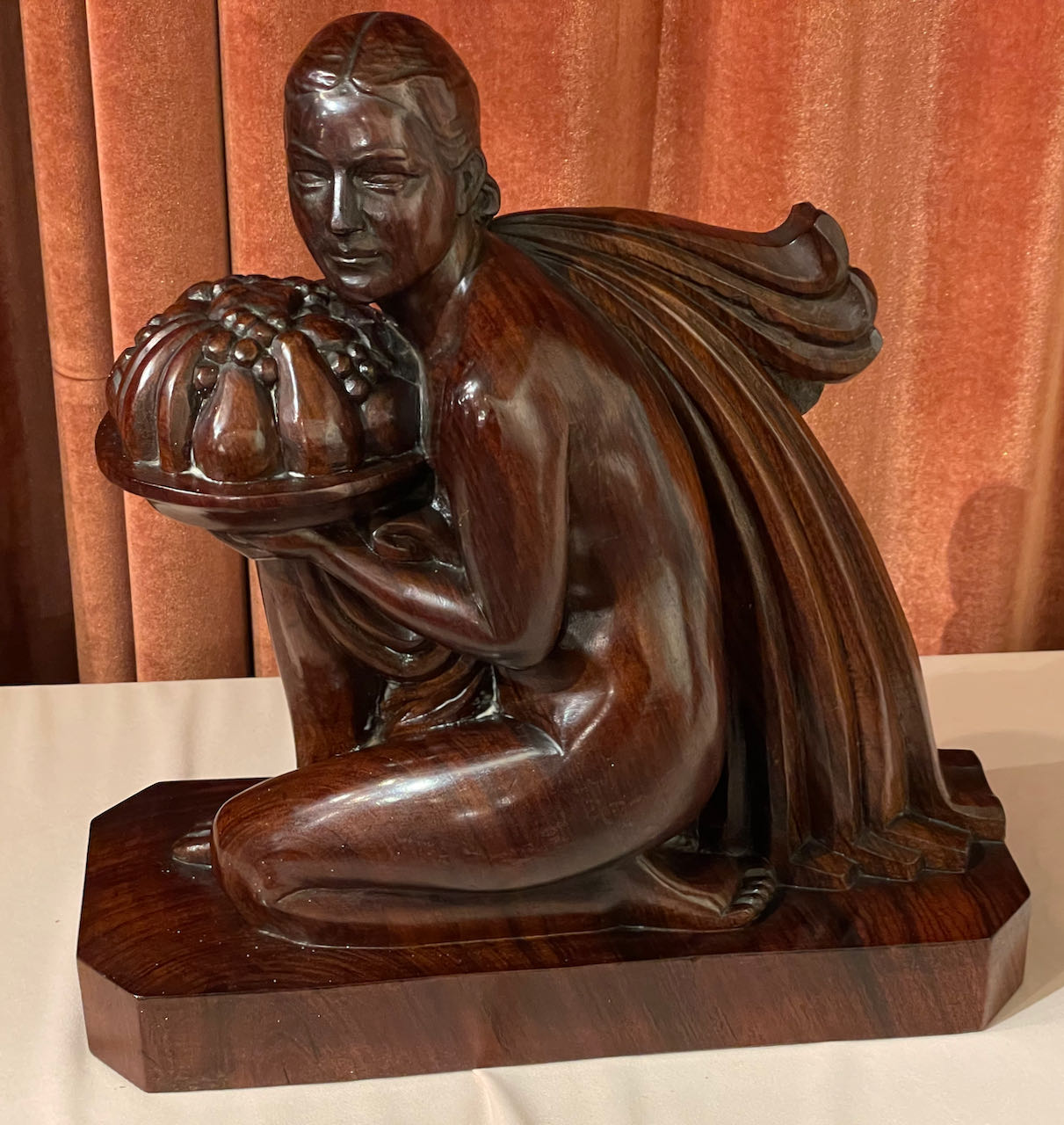 French Art Deco Statue Hand Carved Rosewood Woman with Fruit by G