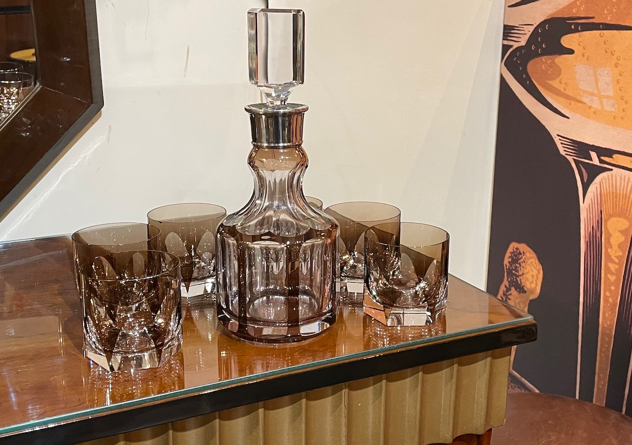 Art Deco Mid Century Whiskey Set with Decanter and Six Glasses from Czechoslovakia Decanter