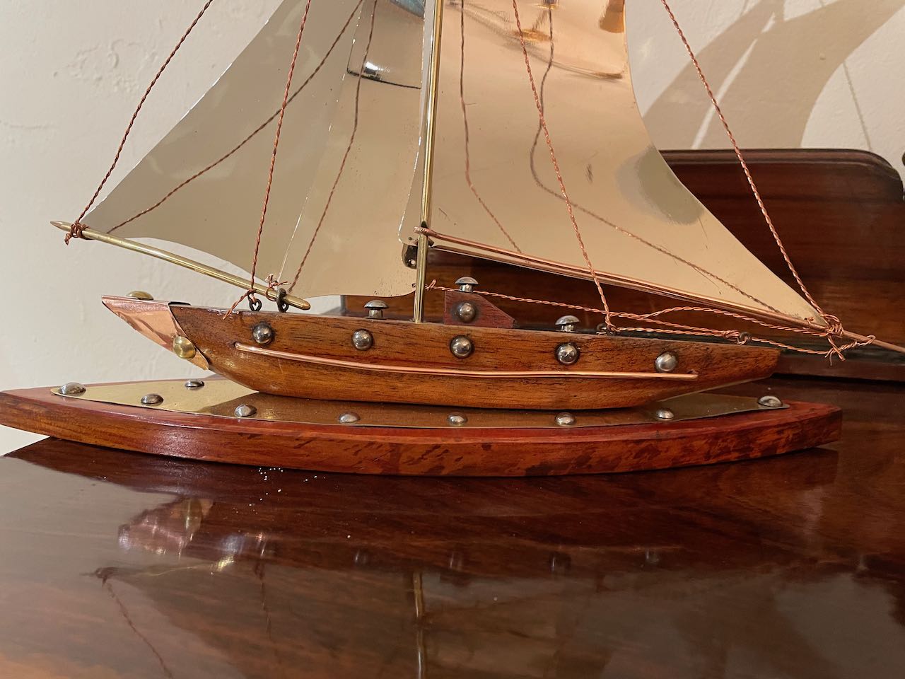 Copper, Chrome, Brass and Wooden Sailing Boat Sculpture Statues Art