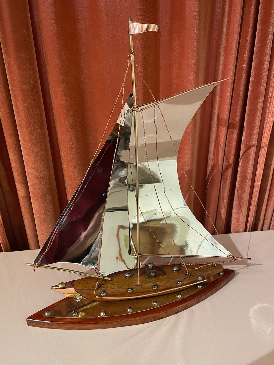 Copper, Chrome, Brass and Wooden Sailing Boat Sculpture Statues Art