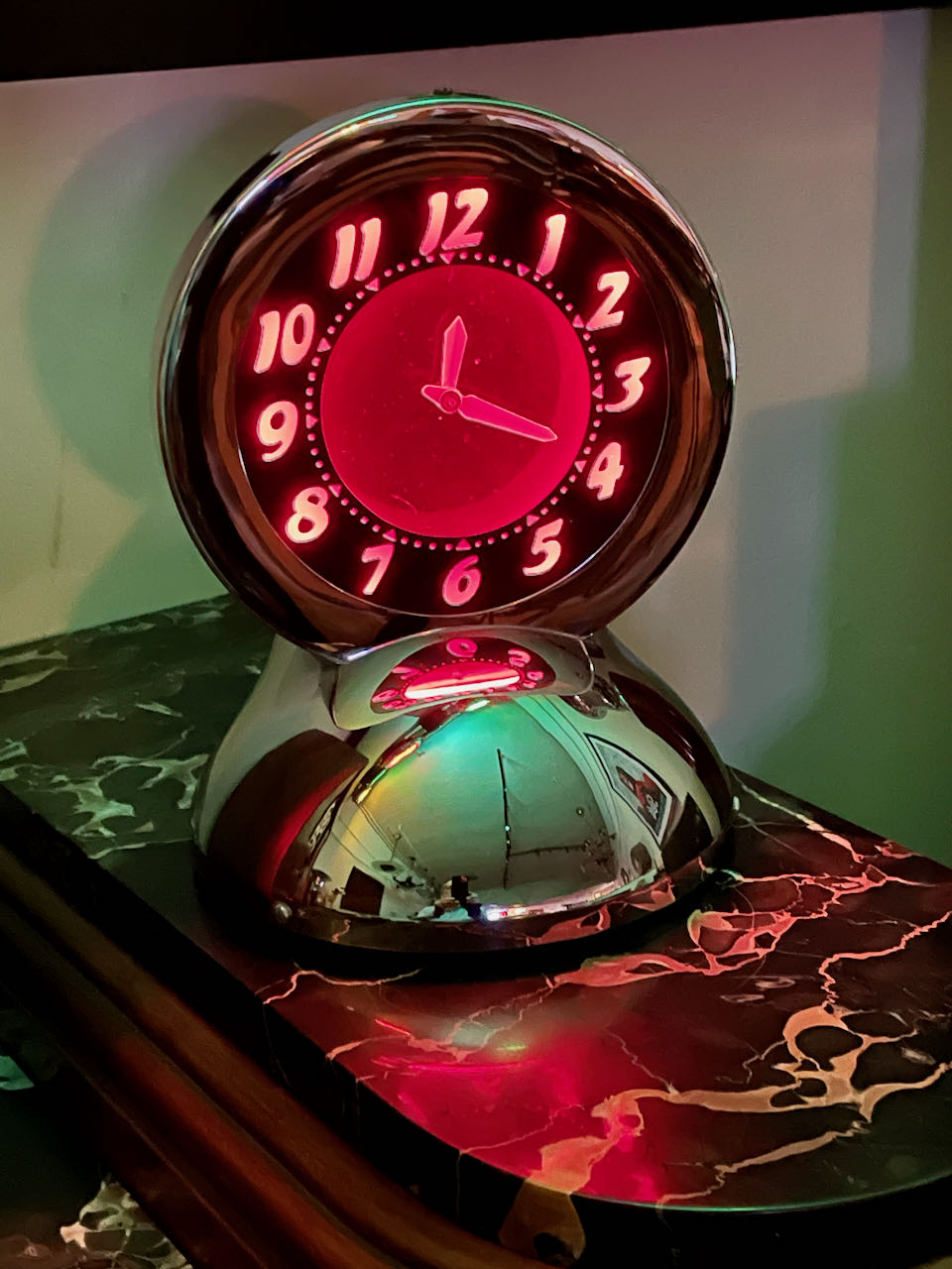 Glo Dial Neon Chrome Desk Clock with Ruby Red Neon Art Deco Clocks