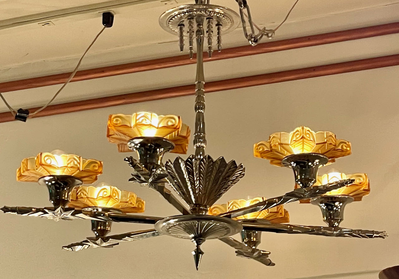 Art Deco Starburst Chandelier with Amber Shades Zig Zag Style
