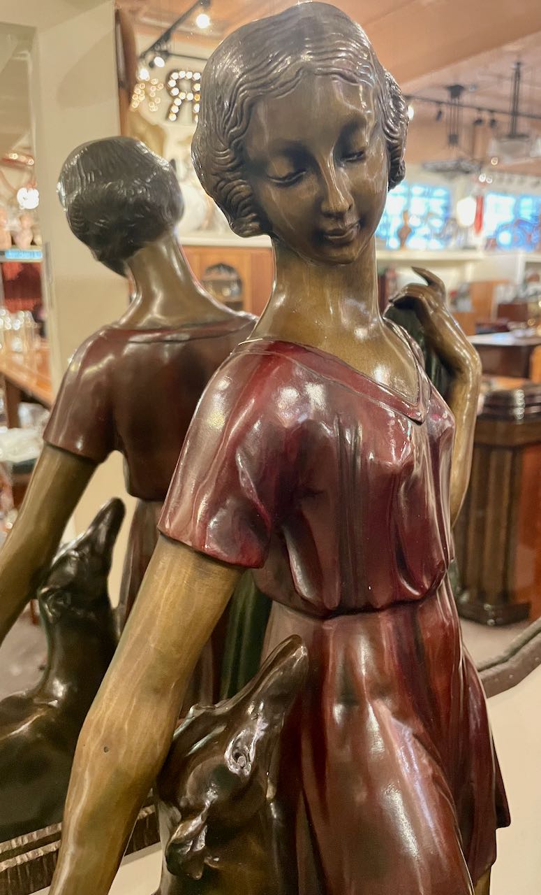 Grand Art Deco Bronze Sculpture of a Woman and Greyhound by Ignacio