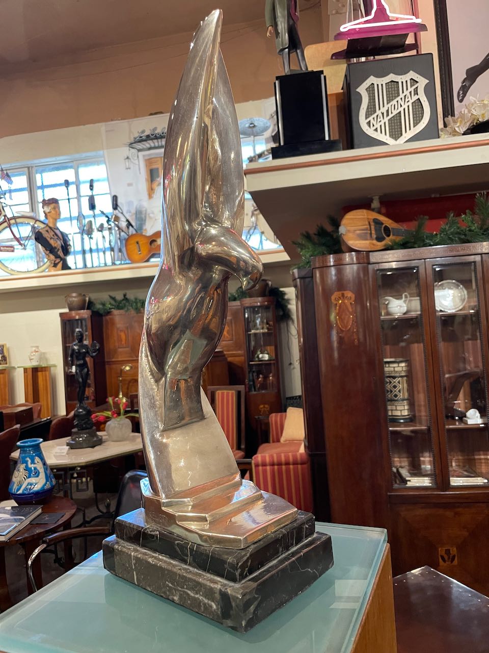 Kelety Art Deco Silvered Bronze and Marble Large Eagle Statue Art Deco