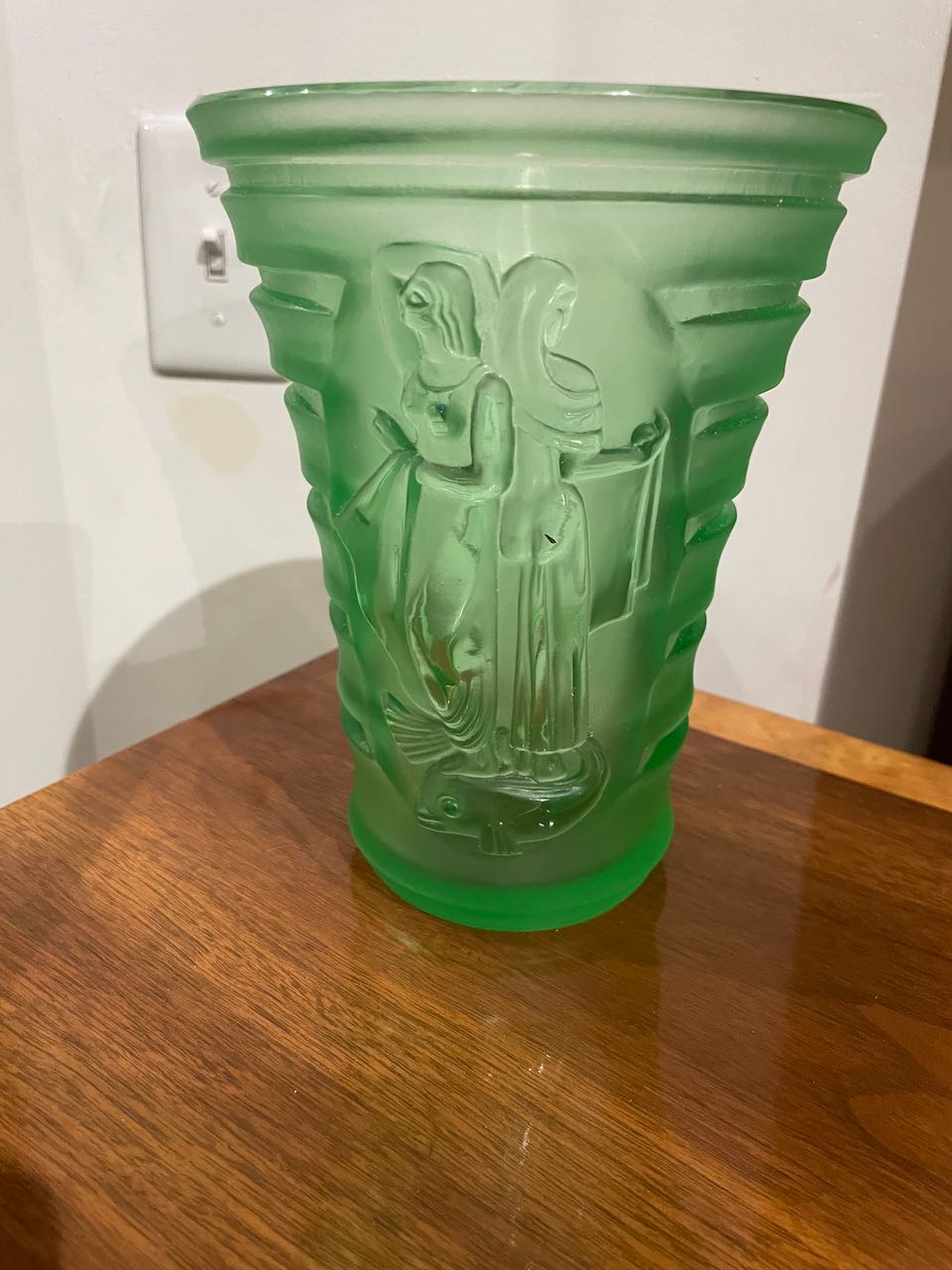 Art Deco Carved Green Glass Vase with Woman & Birds Glass Art Deco