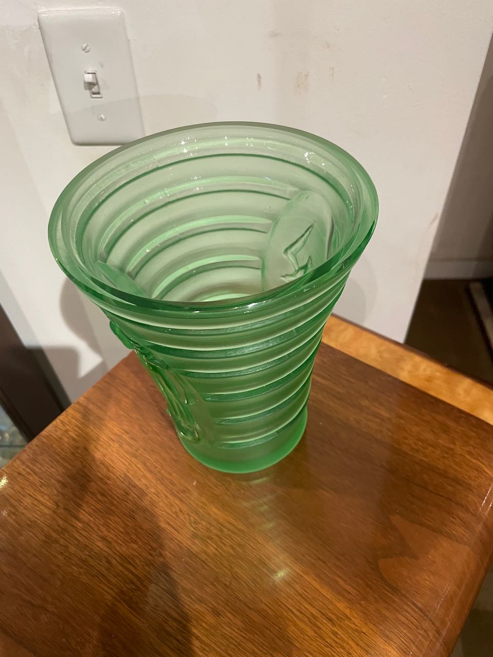 Art Deco Carved Green Glass Vase with Woman & Birds Glass Art Deco