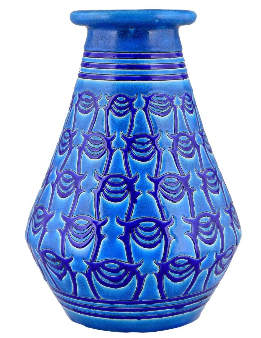 Primavera Longwy Art Deco Ceramic Vase in Blue Longwy Ceramics Art