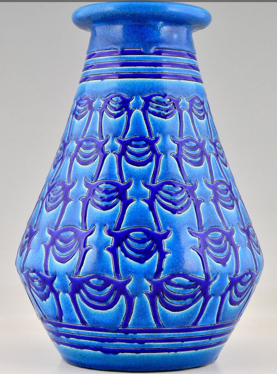 Primavera Longwy Art Deco Ceramic Vase in Blue Longwy Ceramics Art