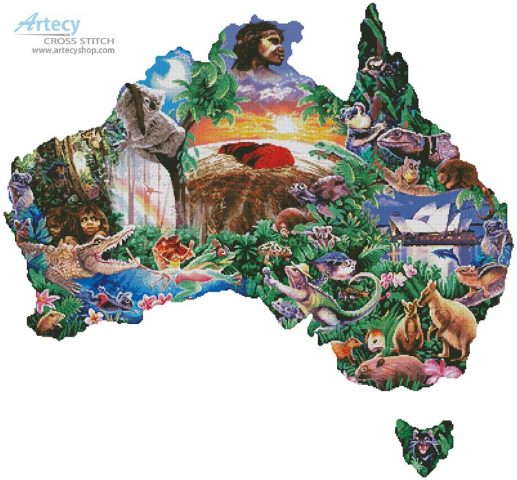 Artecy Cross Stitch. Australian Map Cross Stitch Pattern to print online.
