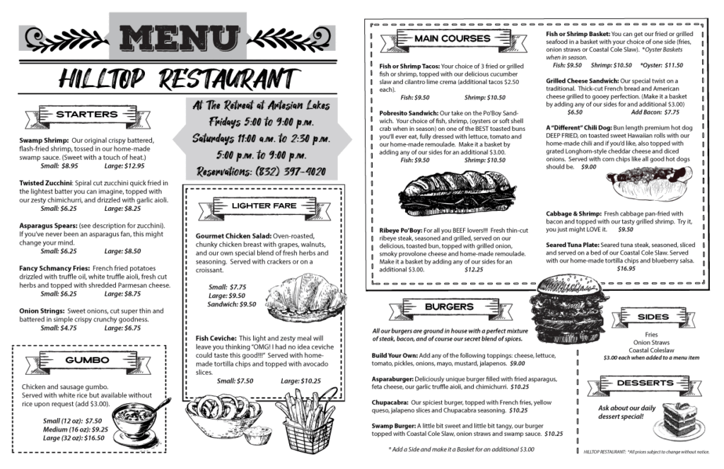 Hilltop Menu The Retreat at Artesian Lakes