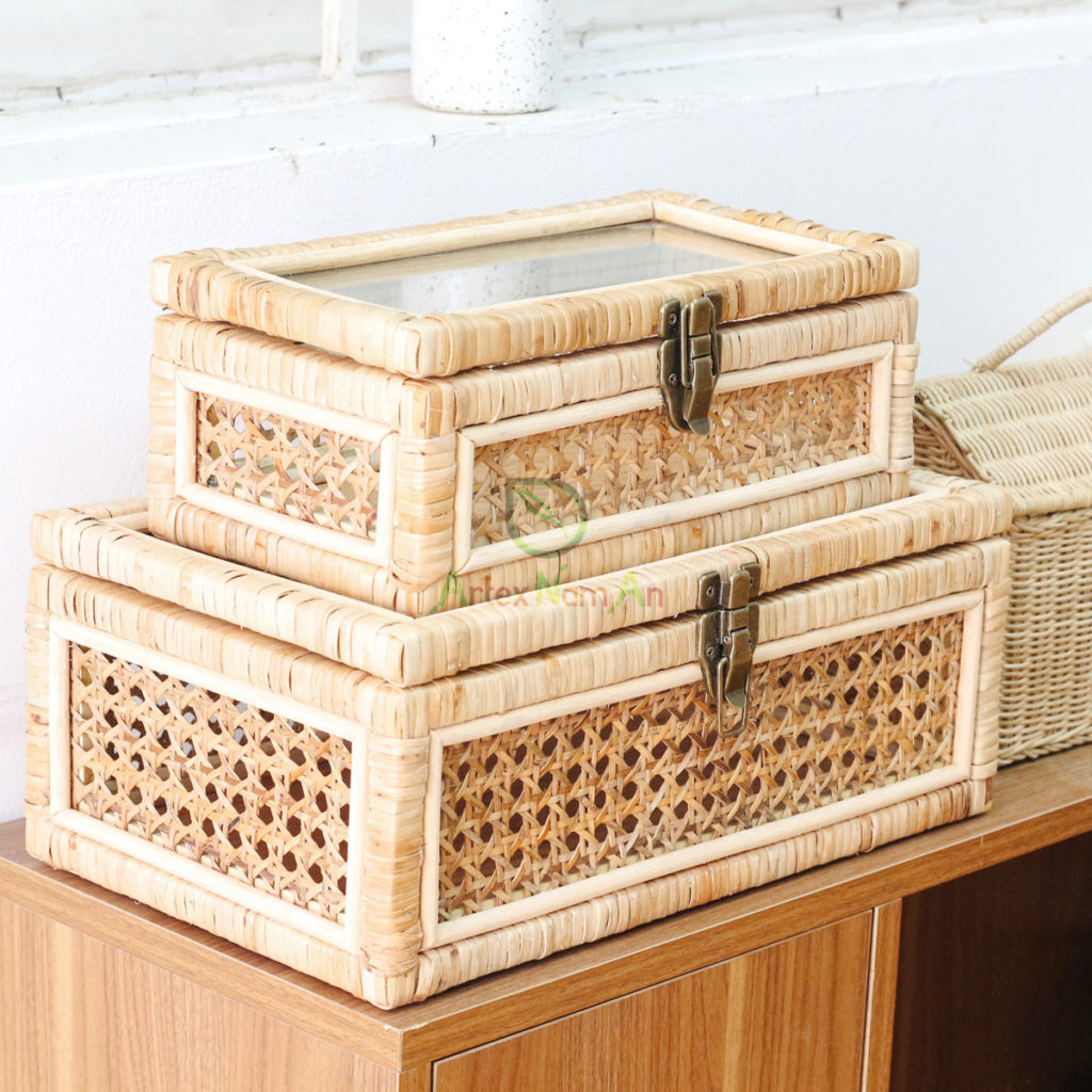 Creative CoOp Cane And Rattan Display Boxes With Glass Lid, Set Of