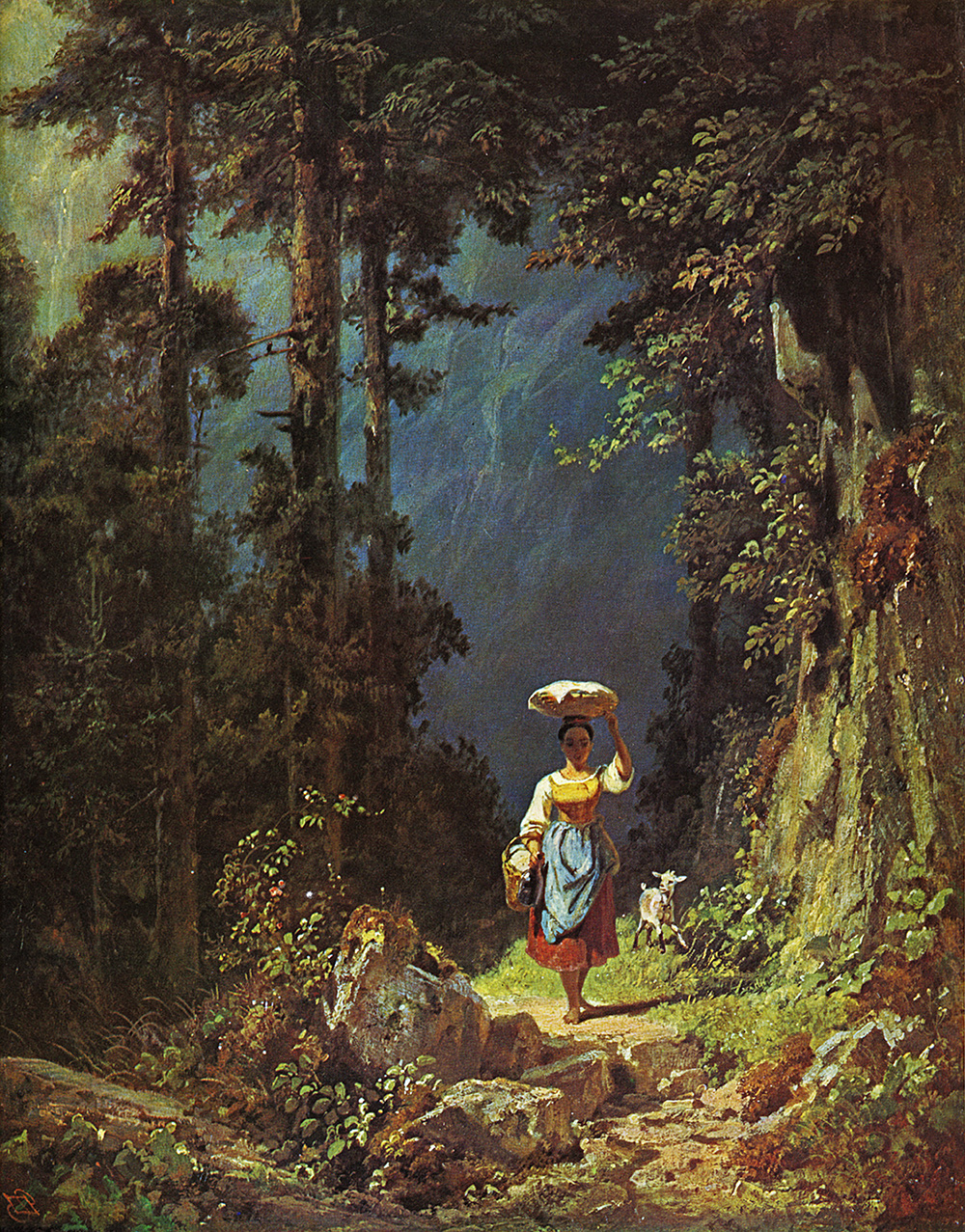Mädchen mit Ziege Carl Spitzweg barfuss Landschaftsbild steinig Bütten