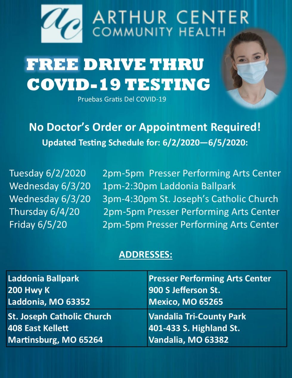 Free Drive Thru COVID19 Testing Mexico Arthur Center Community Health