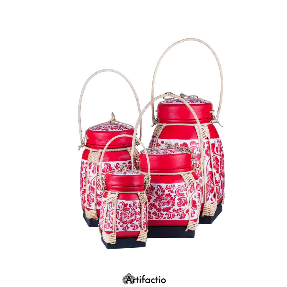 Round Red and White decorated Thai Rice Box • Artifactio