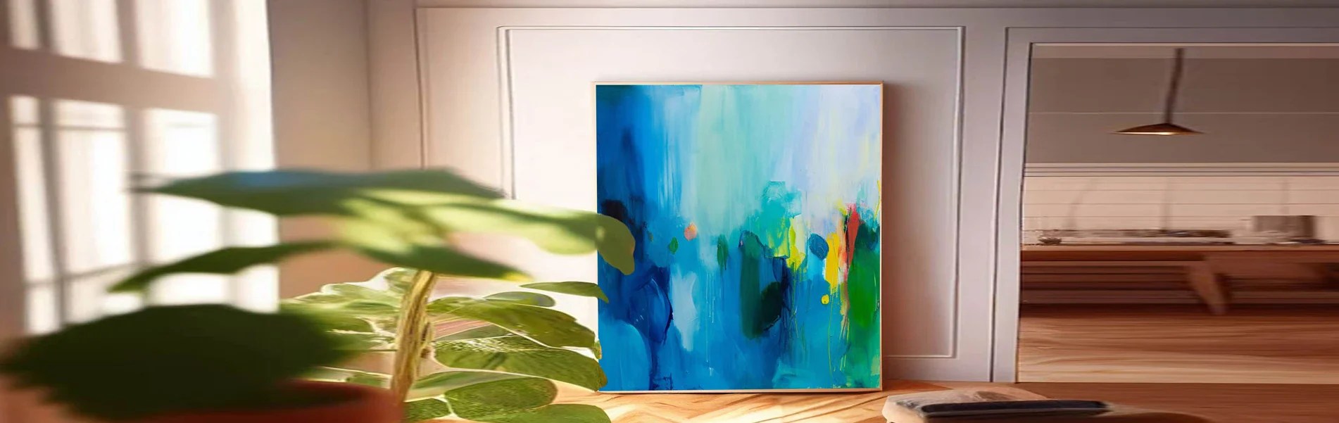 Blue Abstract Canvas Painting Acrylic Blue And Yellow Wall Art Framed