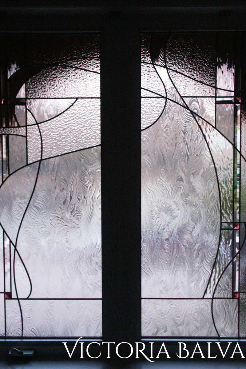 Contemporary minimalistic stained leaded glass front entrance door