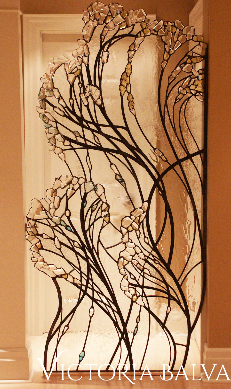 Contemporary stained leaded glass wall devider w fused glass elements