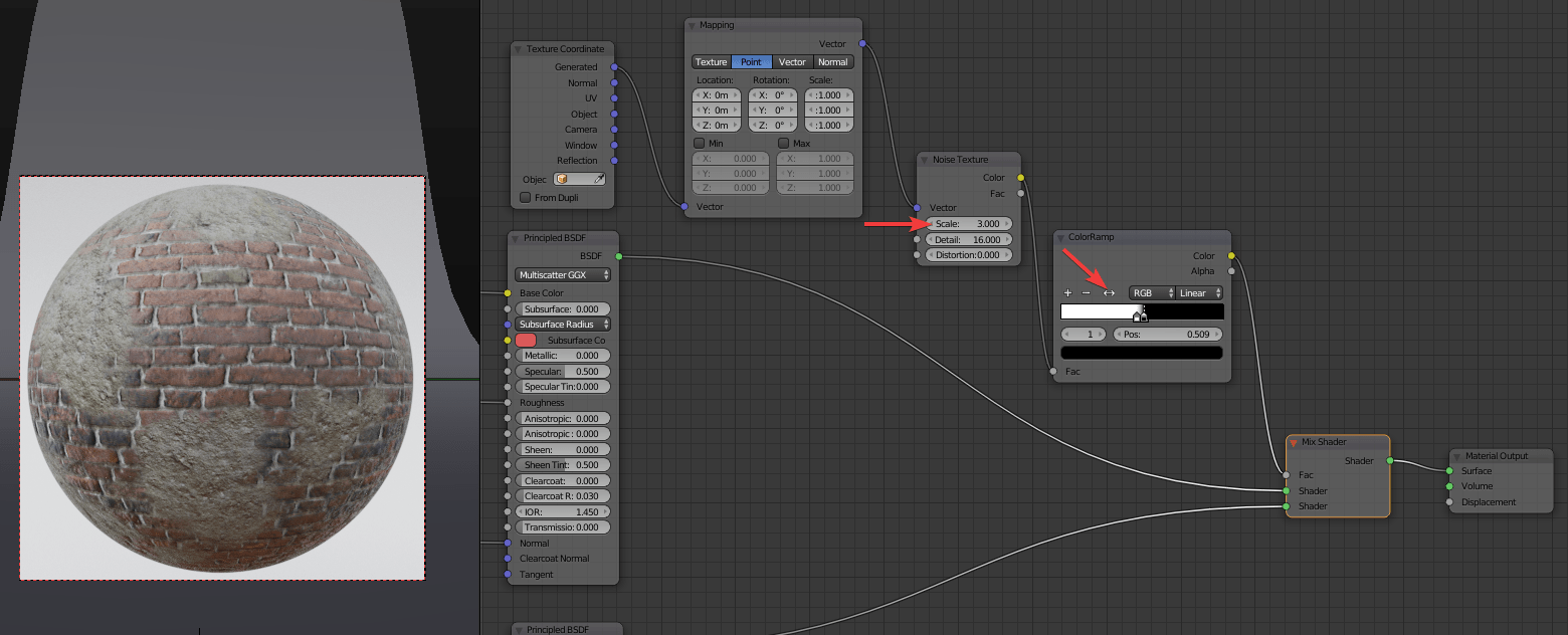Physically based rendering, blender nodes, with brick texture example
